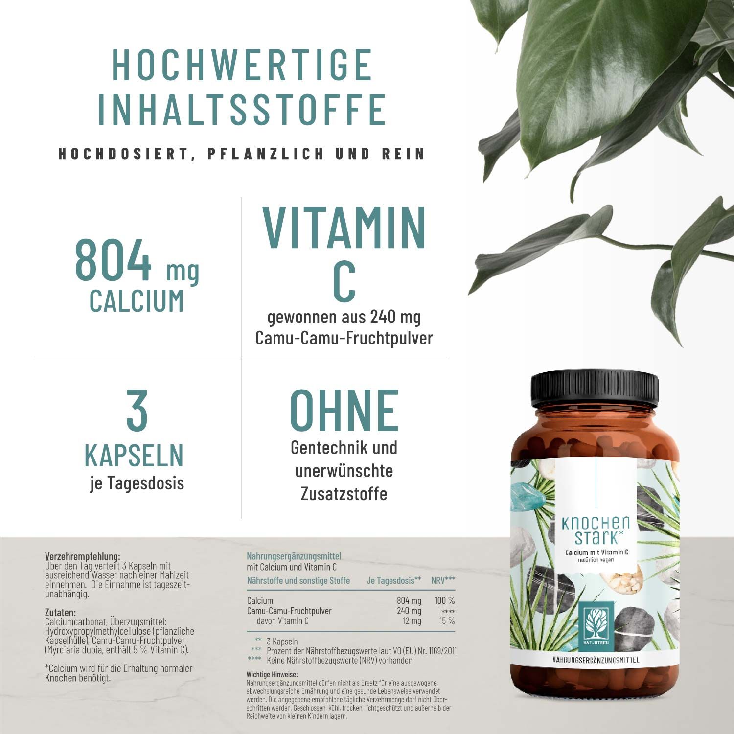 Calcium Kapseln mit Vitamin C - 120 Kalzium Knochenstark Naturtreu® 104,4 g