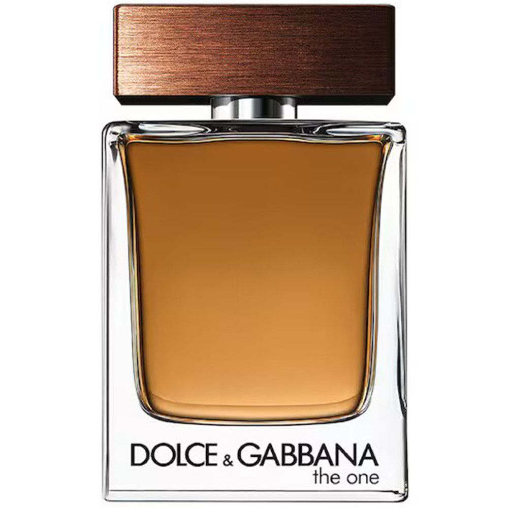 Flakon Dolce & Gabbana The One For Men. Rechteckiger Flakon mit braunem Deckel und silbernem Hals.