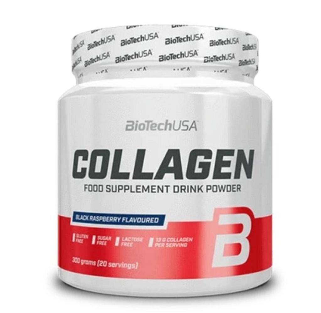 Weißes Nahrungsergänzungsmittel in Dose. Aufschrift: Collagen, Black Raspberry Flavoured. Enthält 13g Collagen pro Portion.