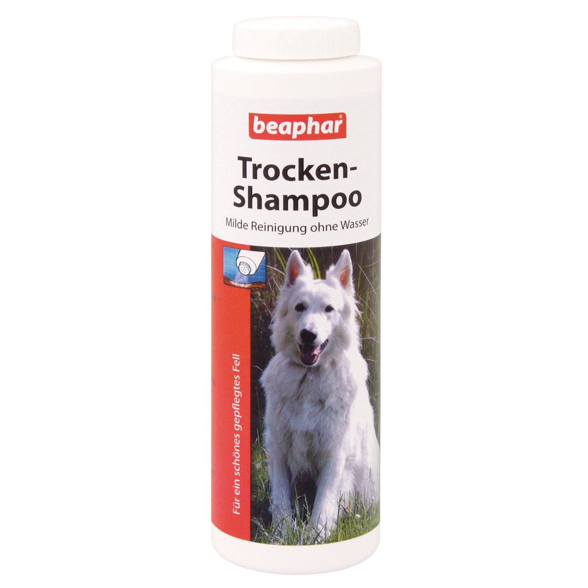 Weiße Flasche mit Trocken-Shampoo-Etikett. Beaphar-Logo. Abbildung eines weißen Hundes. Text: Milde Reinigung ohne Wasser.