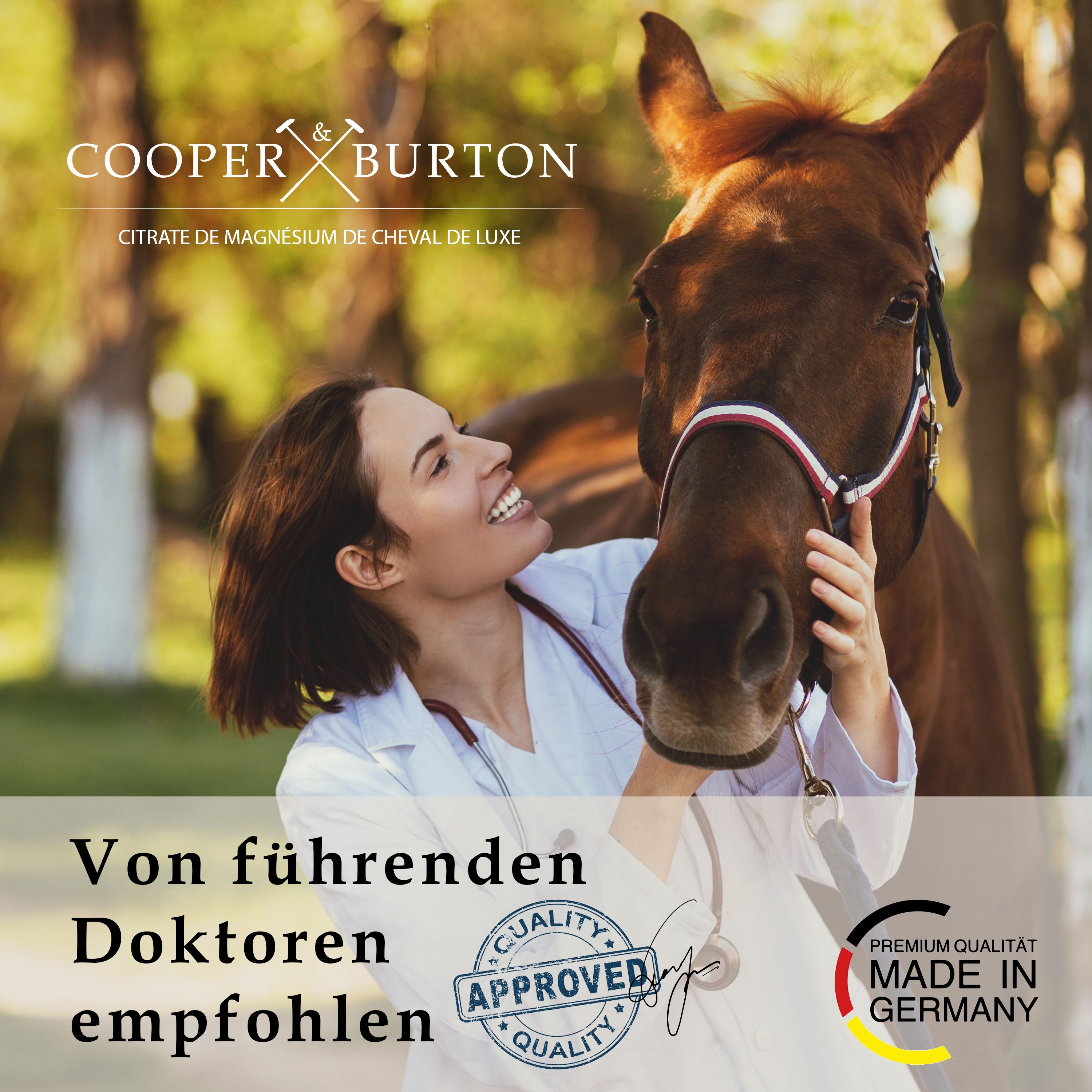 Ärztin mit Pferd. Logo COOPER & BURTON. Text: Von führenden Doktoren empfohlen. Qualitätssiegel.