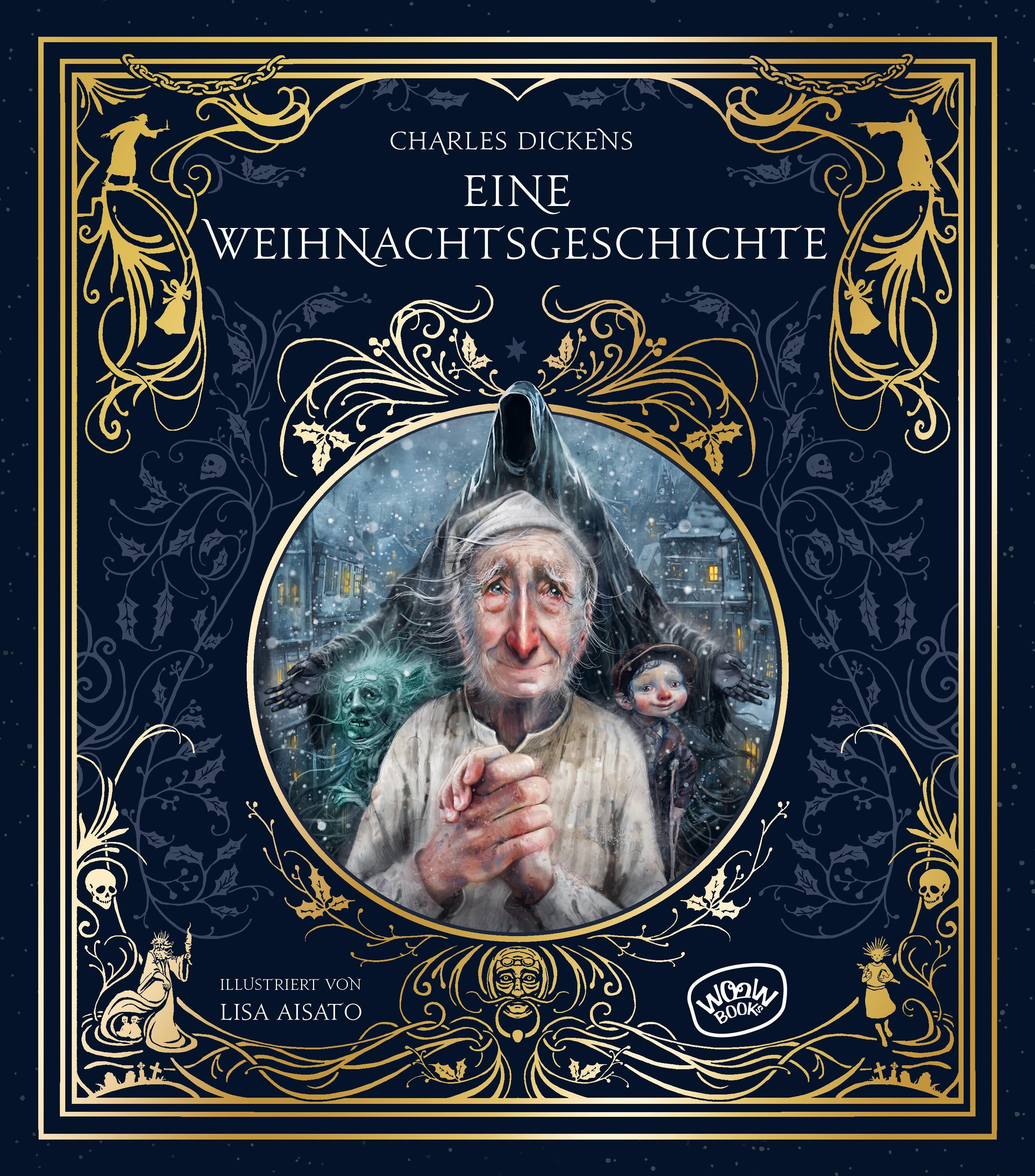 Buchcover mit Titel "Eine Weihnachtsgeschichte" von Charles Dickens. Illustration von Lisa Aisato. Goldene Verzierungen auf blauem Hintergrund.