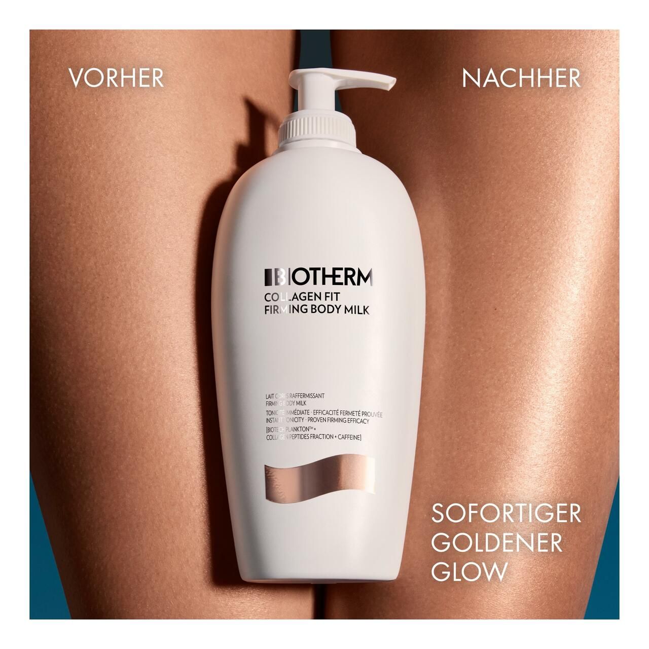 Vergleich: Vorher/Nachher. Weiße Flasche mit Pumpverschluss. Text: Sofortiger goldener Glow.
