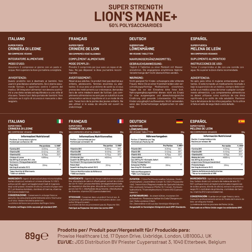 Mehrsprachige Produktinformationen. Text: Lion's Mane+, 50% Polysaccharide, Nährwertangaben, Inhaltsstoffe.