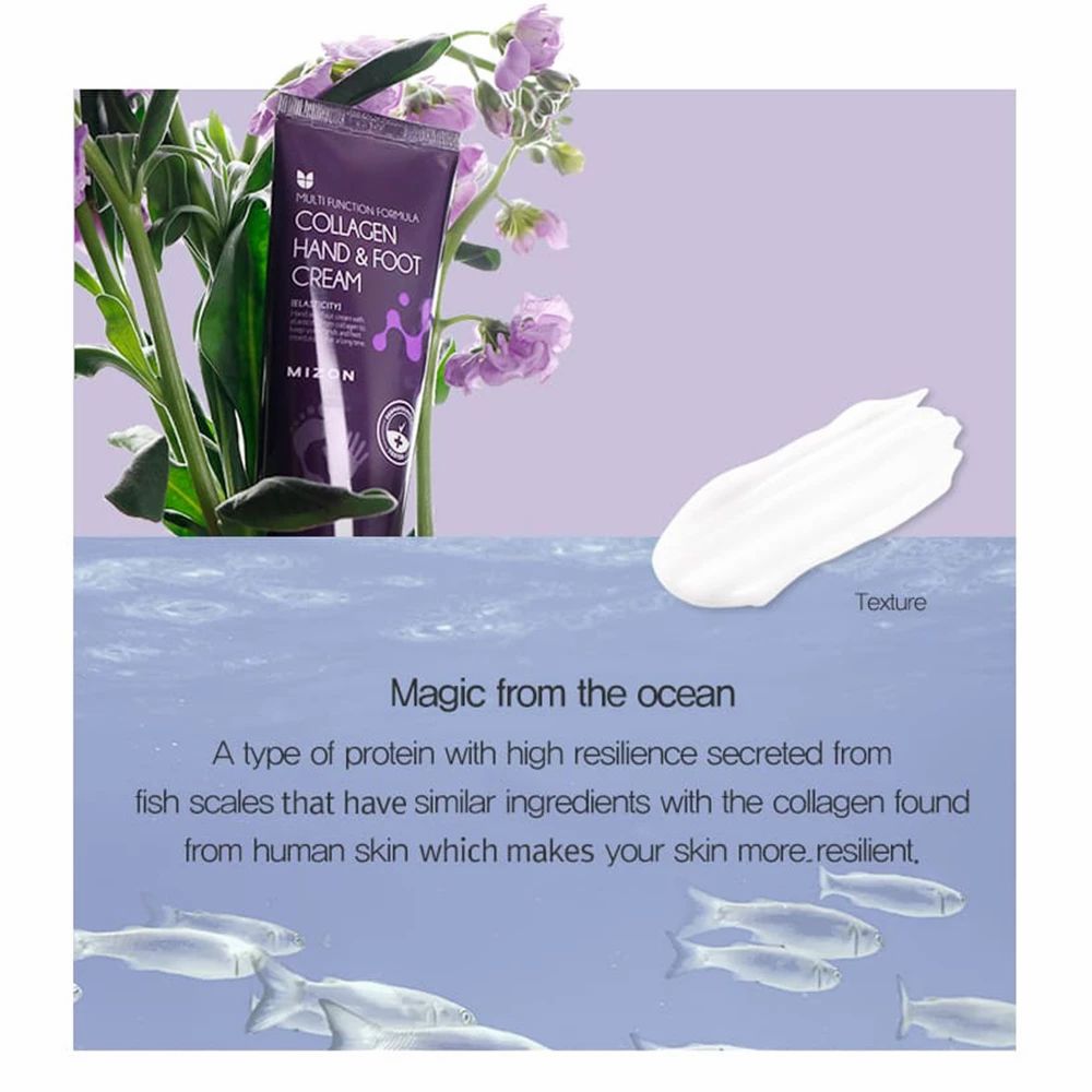 Produktwerbung mit Tube Collagen Hand & Foot Cream, Blumen und Fisch-Illustrationen. Text: Magie aus dem Meer.