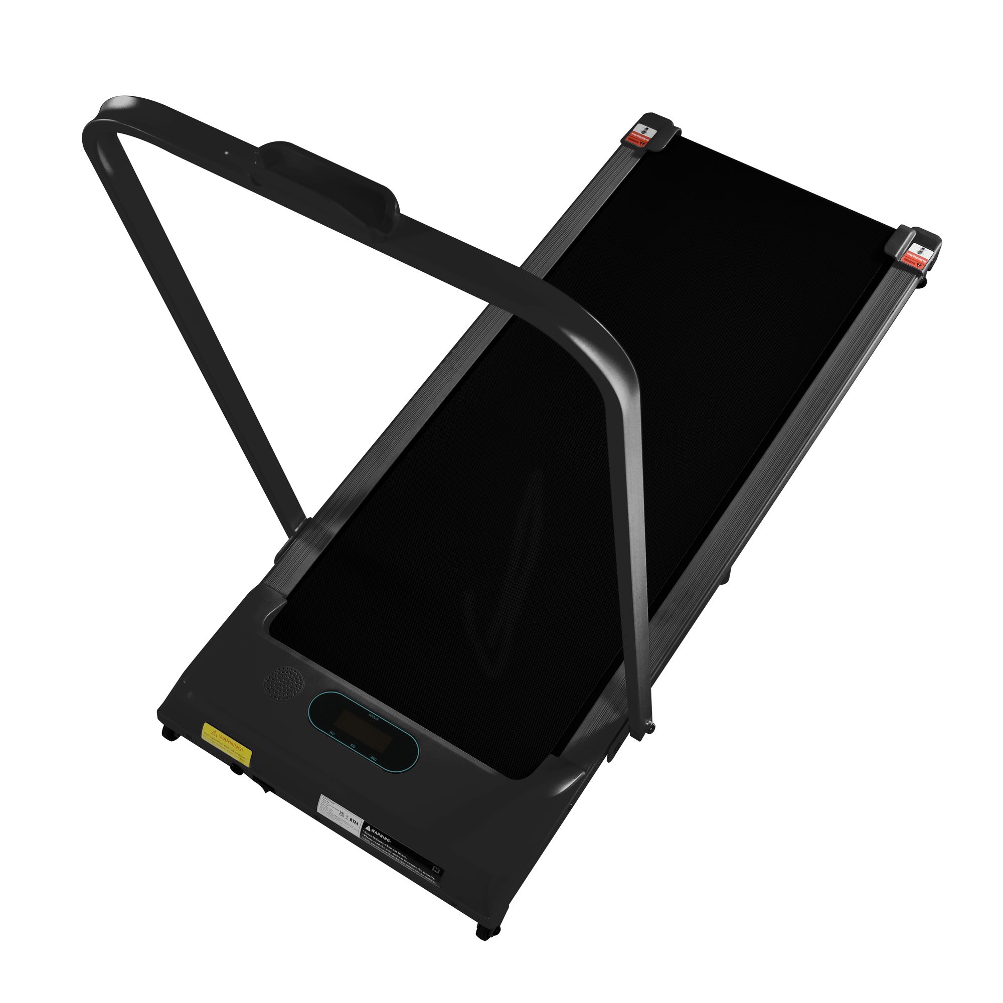 Schwarzes Laufband mit hochgeklapptem Haltegriff. Das Gerät hat eine digitale Anzeige und rote Akzente an den Seiten.