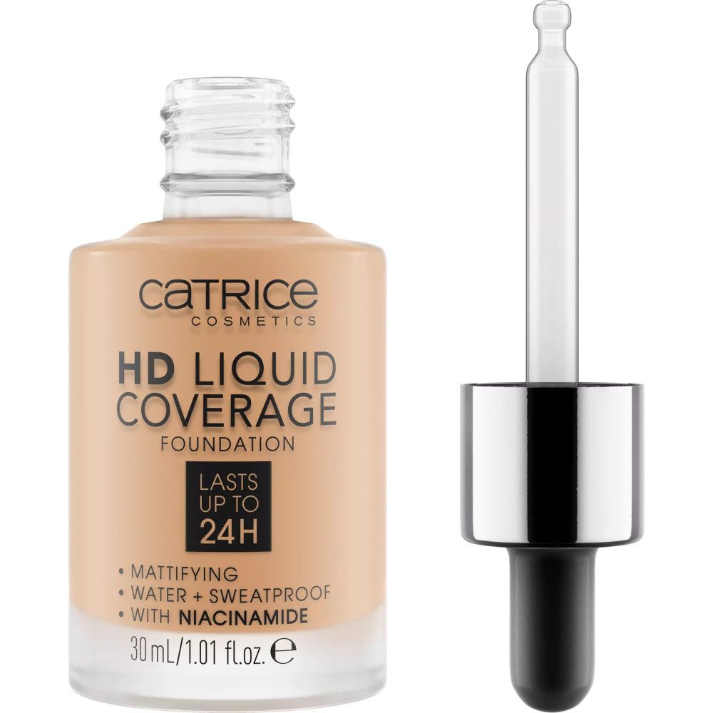 Catrice HD Liquid Coverage Foundation Flasche mit Pipette. Flasche geöffnet, Pipette daneben. Text: HD Liquid Coverage, mattierend, wasserfest, mit Niacinamid.