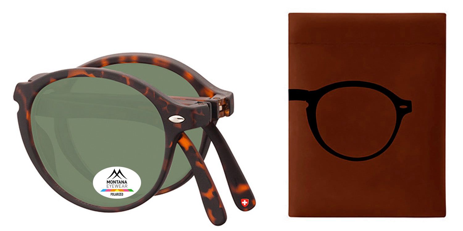 Faltbare Sonnenbrille, braun-meliert. Runde Gläser, grün getönt. Logo und Polarized-Aufkleber. Etui mit Brillen-Silhouette.