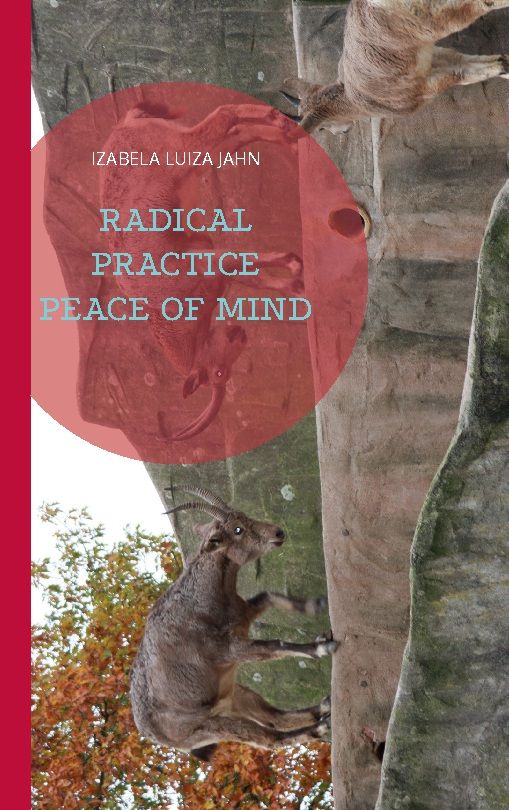 Buchcover mit Titel Radical Practice Peace of Mind und Autor Izabela Luiza Jahn. Roter Kreis überlagert Bild von Bergziegen.
