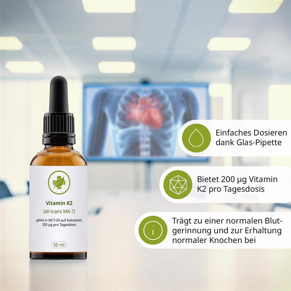 Braune Glasflasche mit Pipette, "Vitamin K2" Etikett, daneben Infoboxen mit Dosierung und Nutzen.