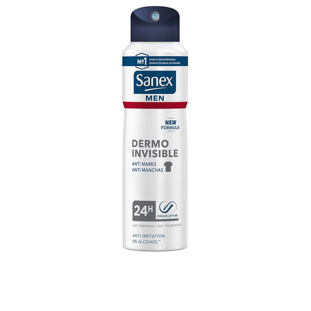 Deodorant-Spray, weiß mit blauem Deckel. Sanex Men Dermo Invisible. Text: Anti-Flecken, 24h Schutz, ohne Alkohol.