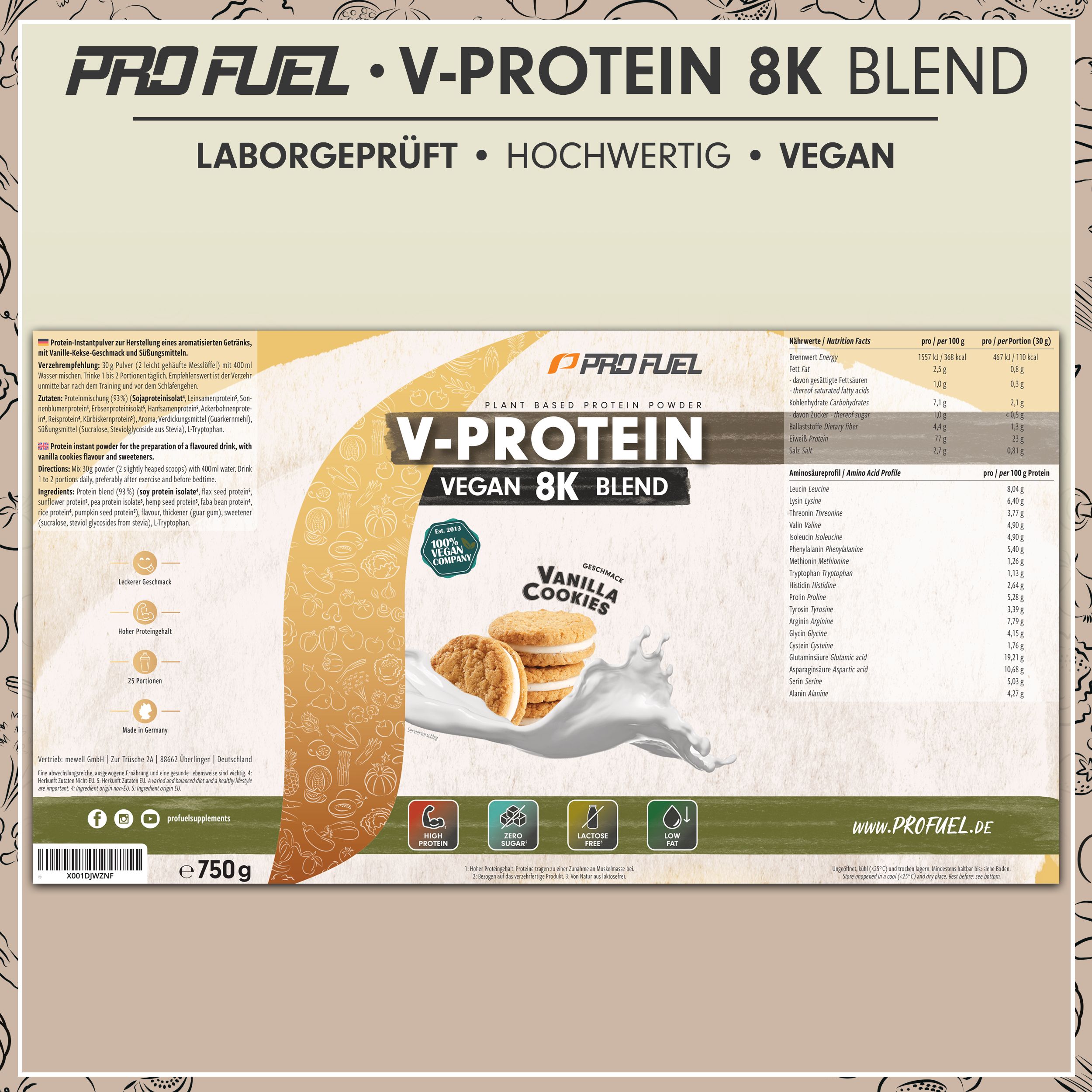 Pro Fuel V-Protein 8K Vegan Blend 750g: Proteinpulver mit Nährwertangaben und Inhaltsstoffen.