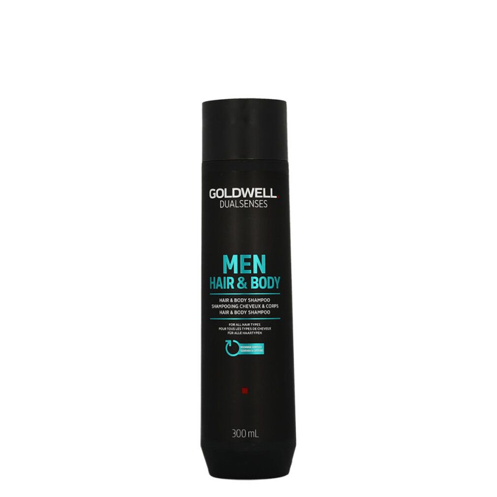 Schwarze Flasche Goldwell Dualsenses Men Hair & Body Shampoo. Text: Hair & Body Shampoo, 300ml.