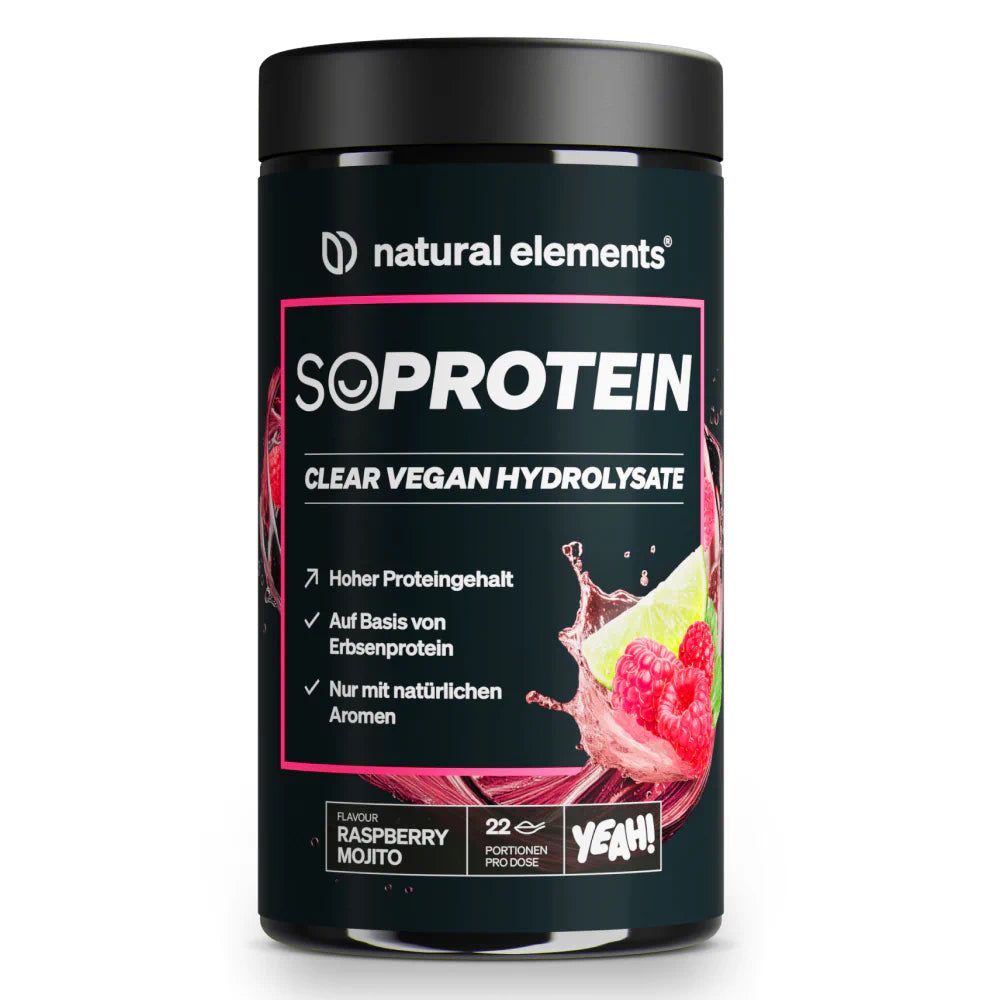 Dose mit Produktaufschrift SOPROTEIN, Clear Vegan Hydrolysate. Geschmack: Raspberry Mojito. Enthält 22 Portionen.