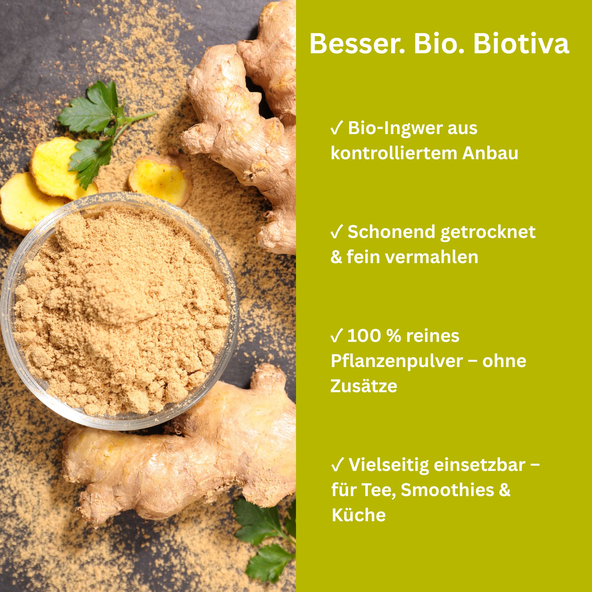 Glaser Schüssel mit Ingwer Pulver, daneben frische Ingwerstücke. Text: Bio-Ingwer, schonend getrocknet, 100% reines Pflanzenpulver.