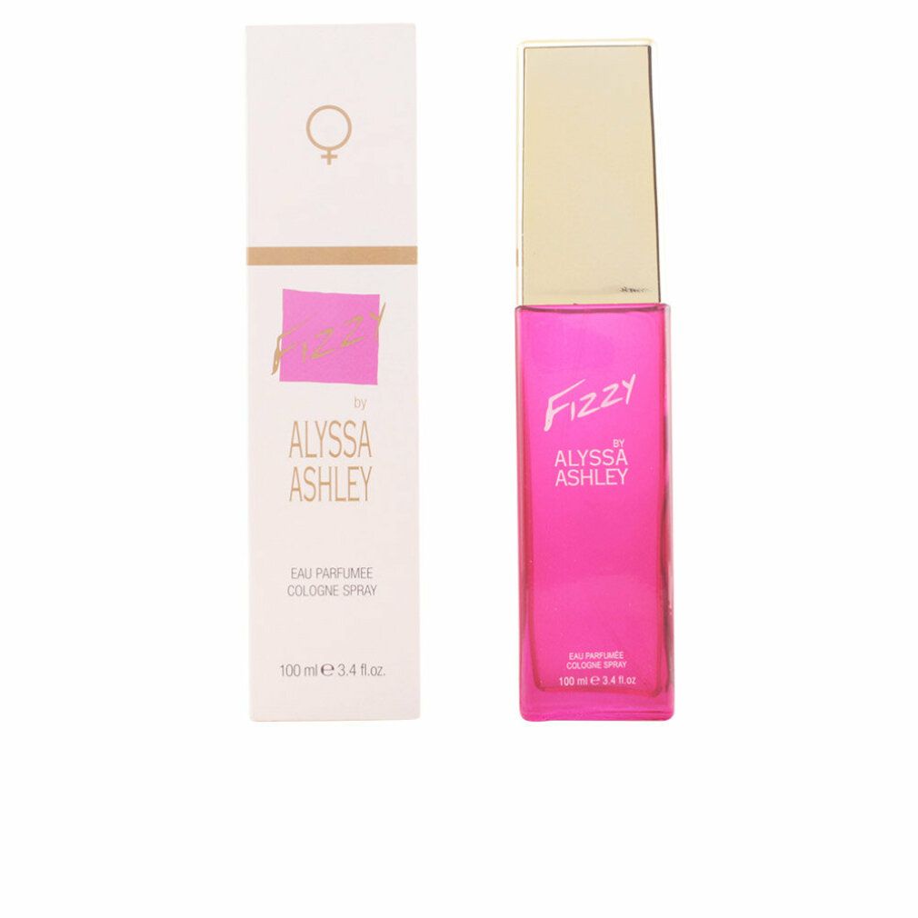 Rosa Flakon mit goldfarbenem Deckel und weißer Verpackung. Aufschrift "Fizzy by Alyssa Ashley". Verpackung mit Logo und Text.