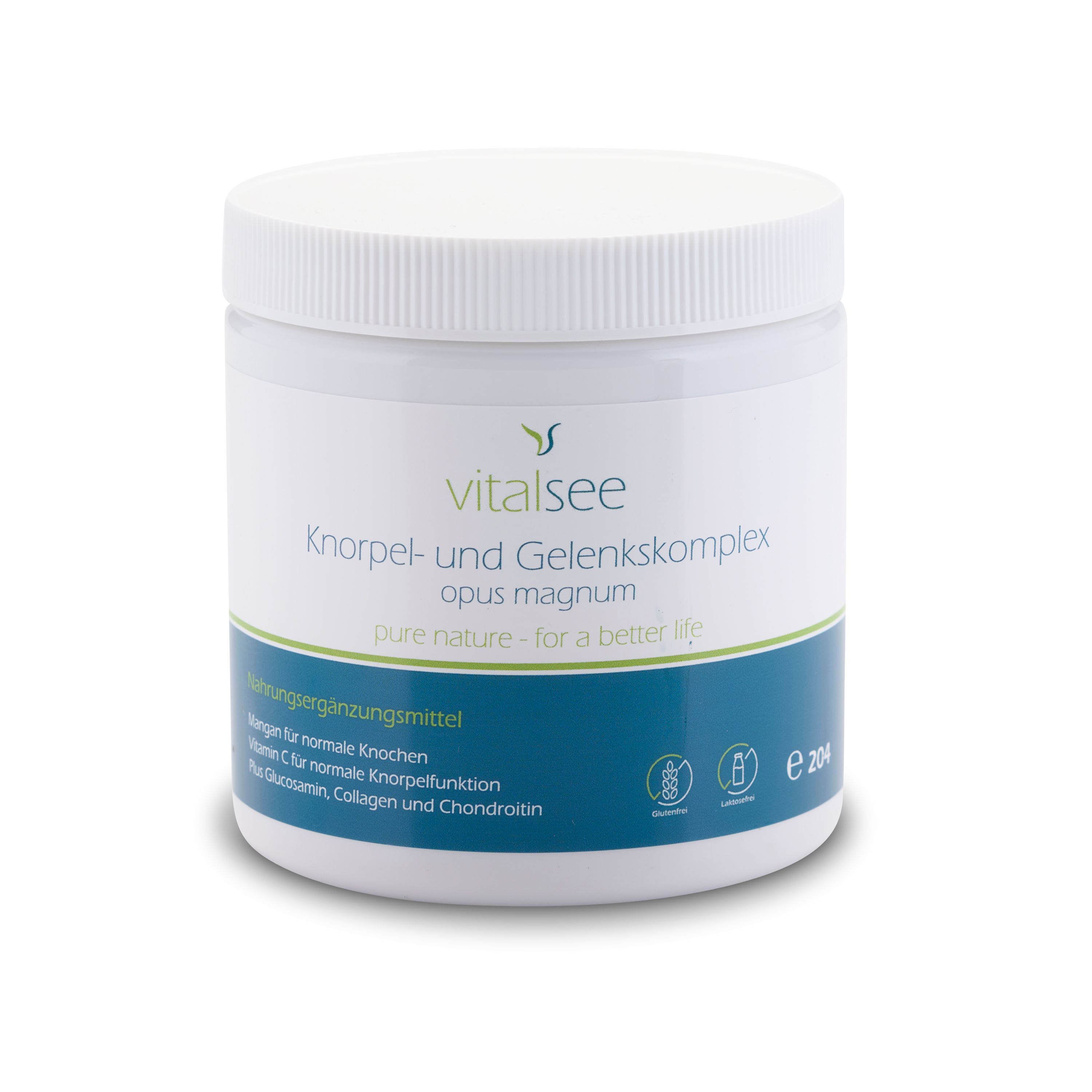 Weißes, zylindrisches Produktglas mit Schraubverschluss. Aufschrift: VITALSEE Knorpel- und Gelenkskomplex. Blaue und grüne Akzente.