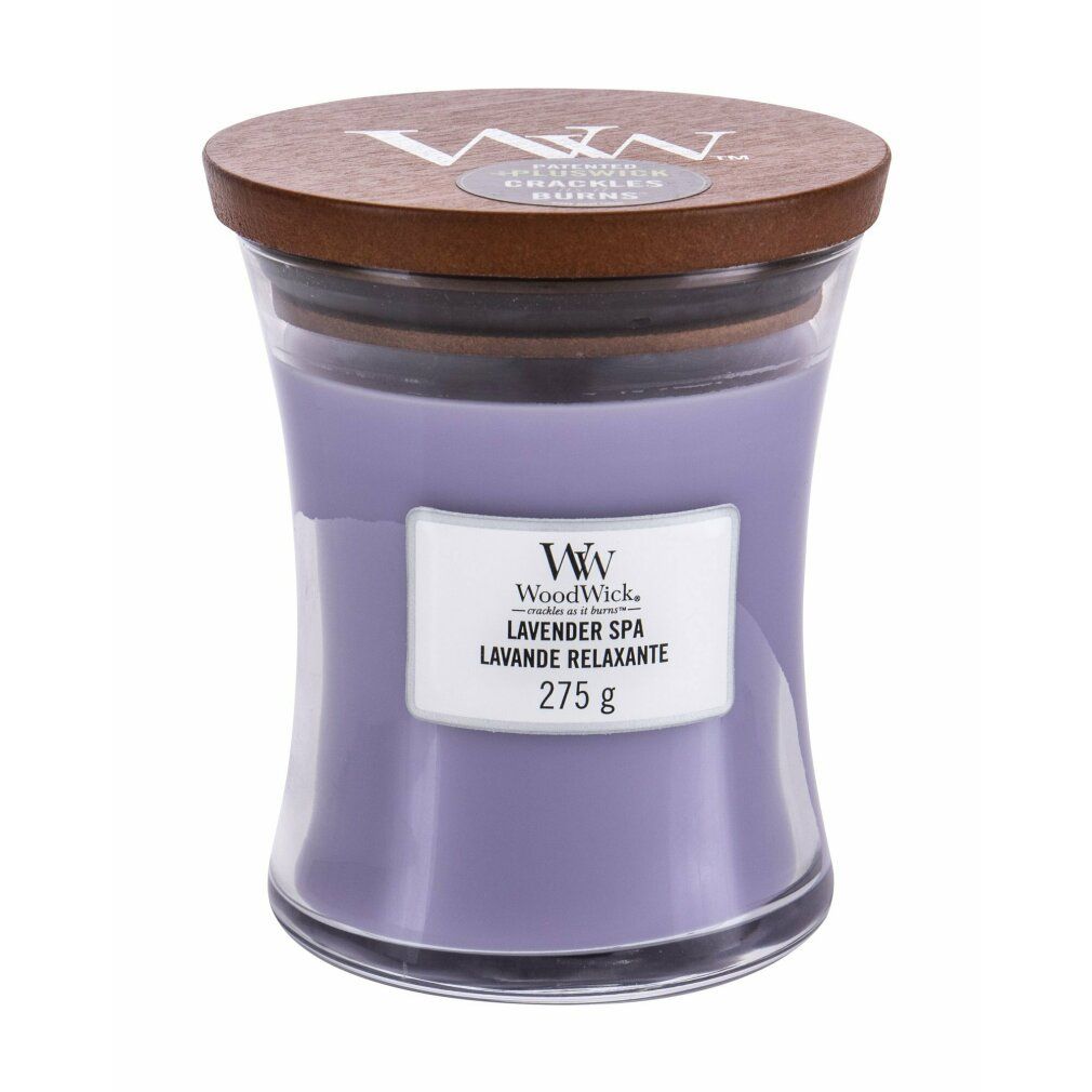Kerze in Sanduhrform mit Holzdeckel. Aufkleber mit "WoodWick Lavender Spa" und 275g.