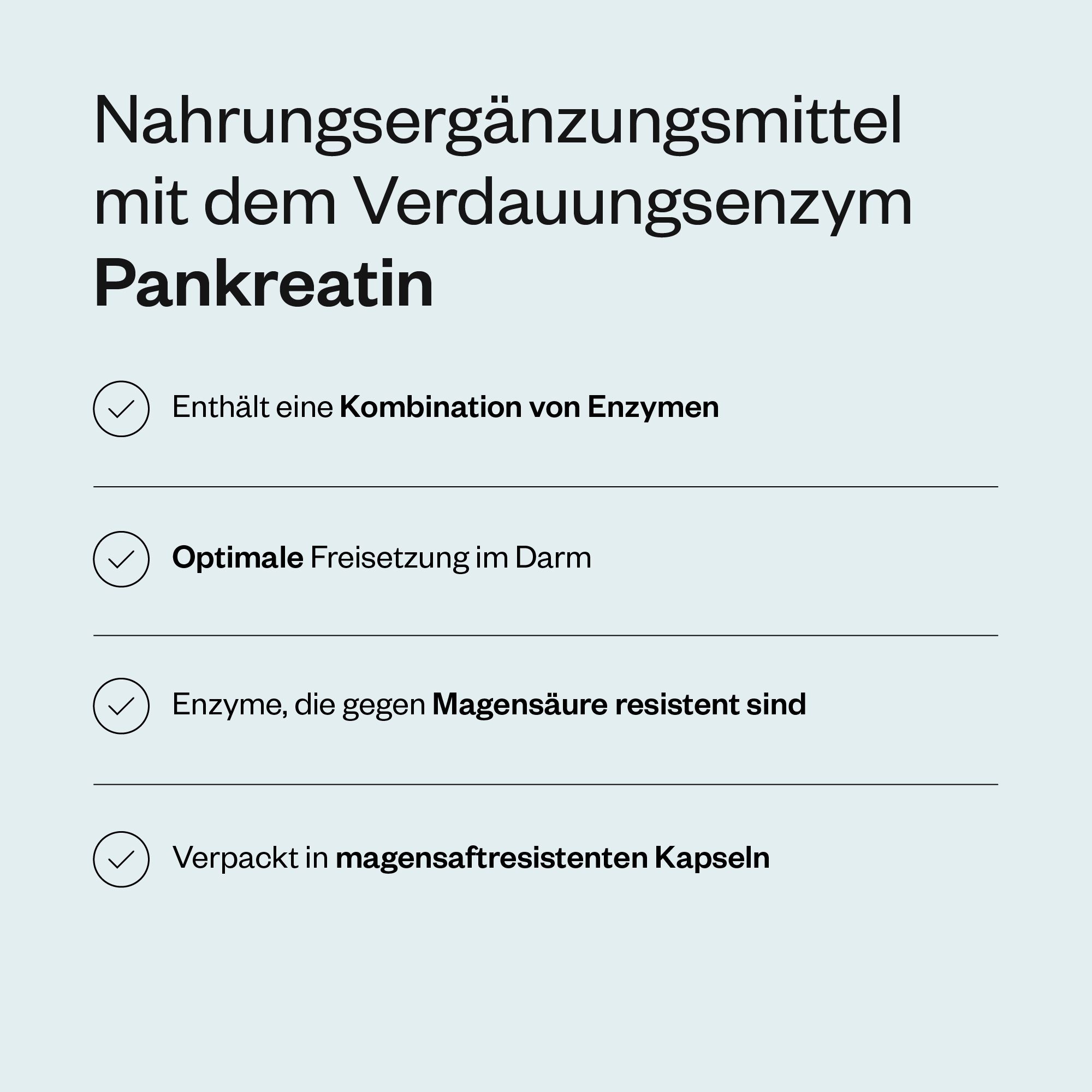 Infografik mit Informationen über Pankreatin. Enthält eine Kombination von Enzymen, optimale Freisetzung im Darm, magensaftresistente Kapseln.