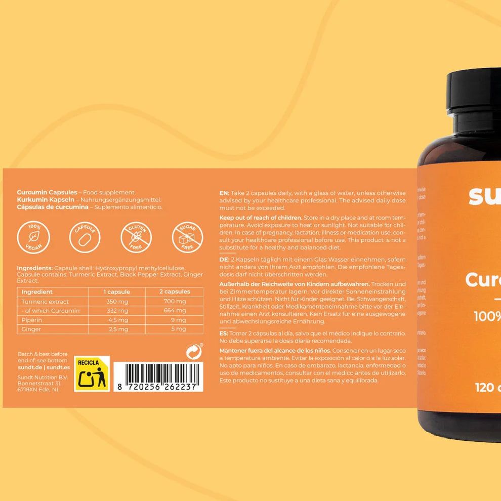 Rückseite der Flasche mit Etikett. Text: Curcumin-Kapseln, Zutaten, Dosierung, Warnhinweise. Recycling-Symbol und Barcode.