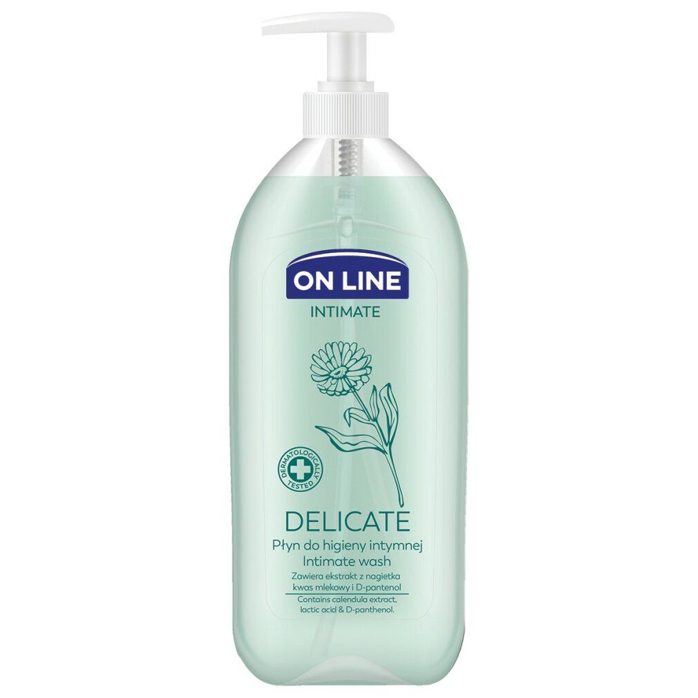 Flüssigseife in ovaler Flasche mit Spender. Aufschrift: ON LINE INTIMATE DELICATE. Mit Illustration einer Blüte und Blättern.