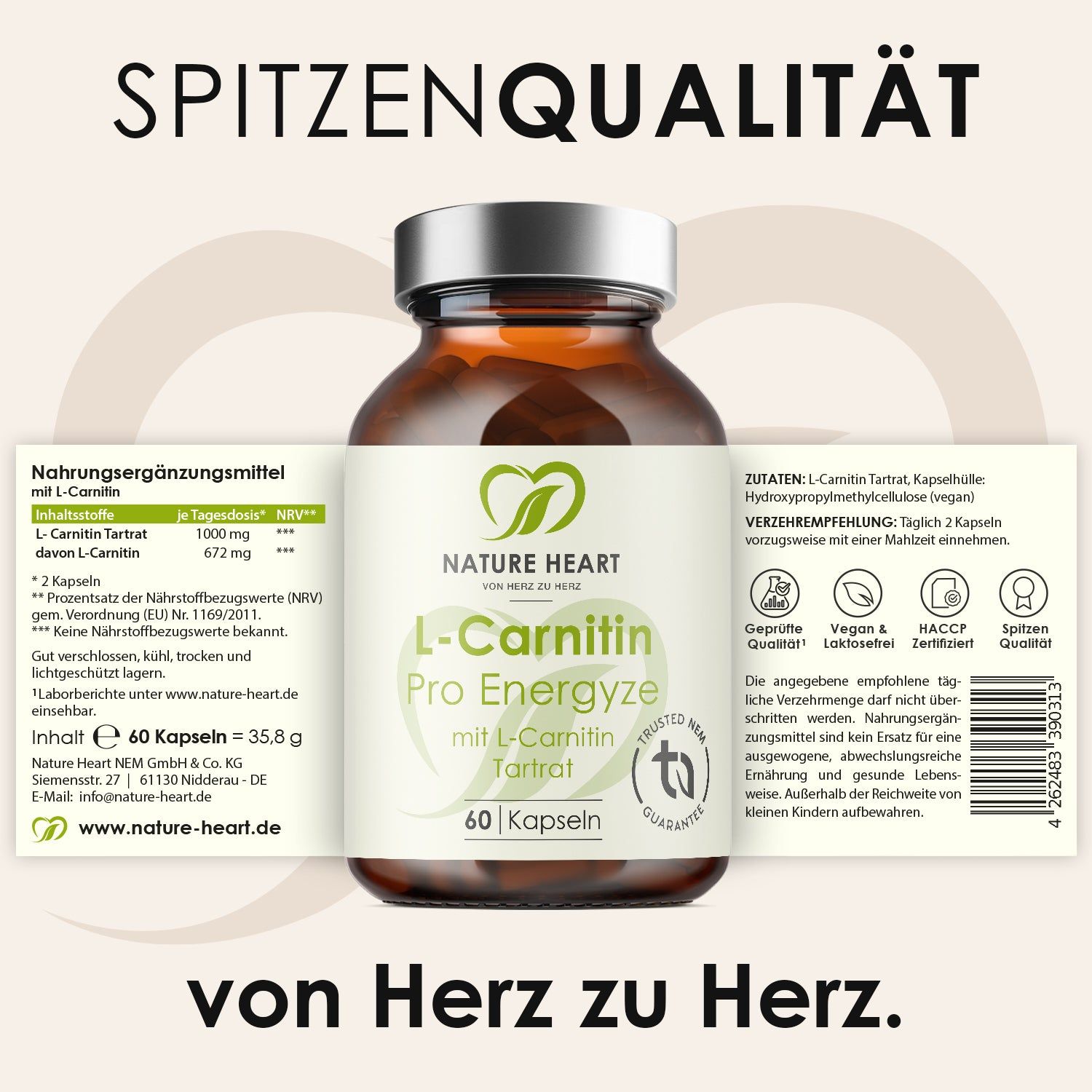 Nature Heart L-Carnitin Pro Energyze Kapseln, 60 Stück, mit Nährwertangaben und Siegeln.