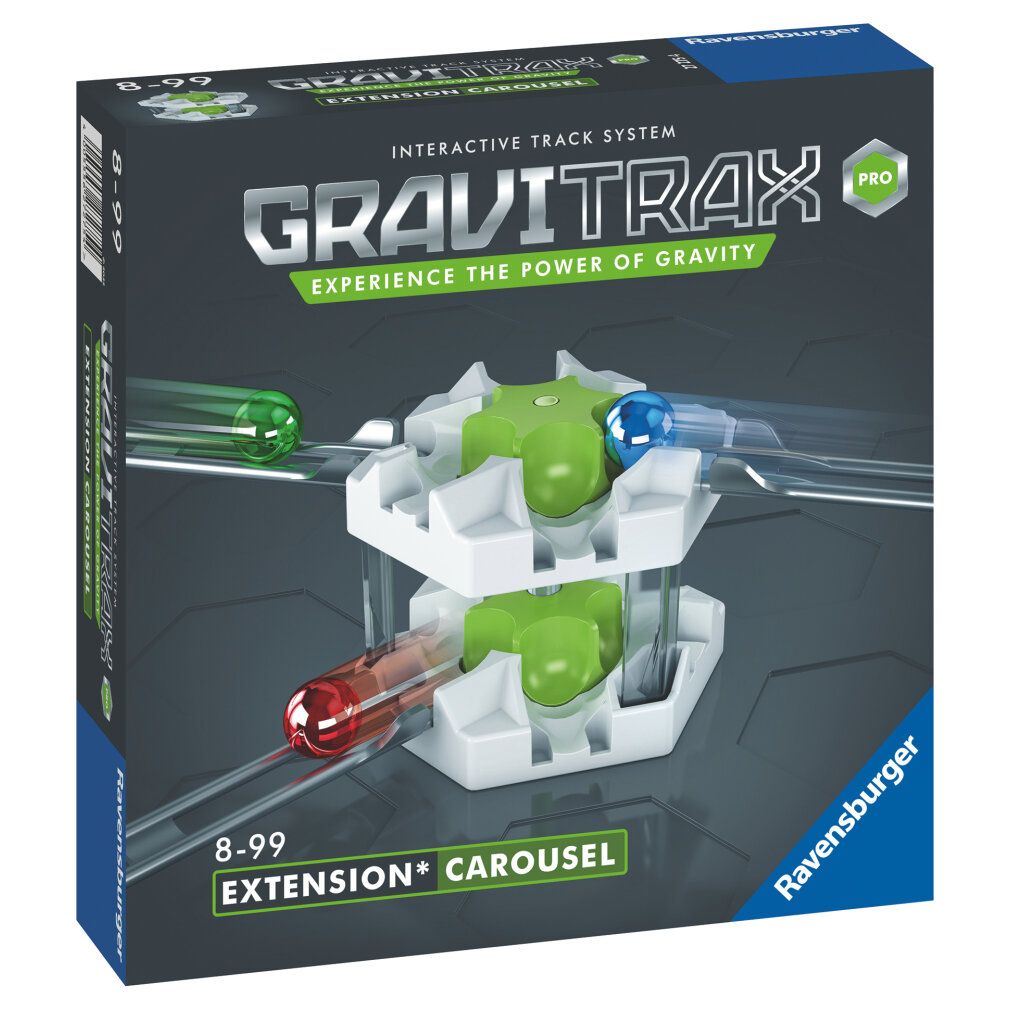 GraviTrax PRO Carousel. Weißes, sechseckiges Element mit grünen Teilen. Kugeln in transparenten Bahnen. Verpackung mit Logo und Text.