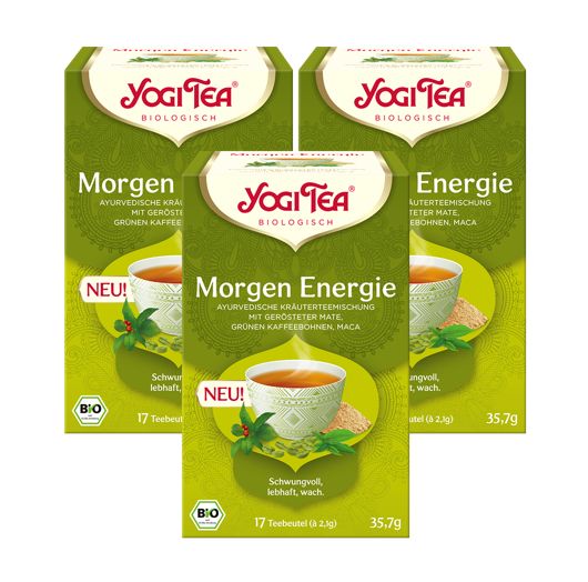 Drei Packungen YOGI TEA Morgen Energie BIO Kräutertee. Grüne Verpackung mit Logo und Produktbezeichnung. 17 Teebeutel.