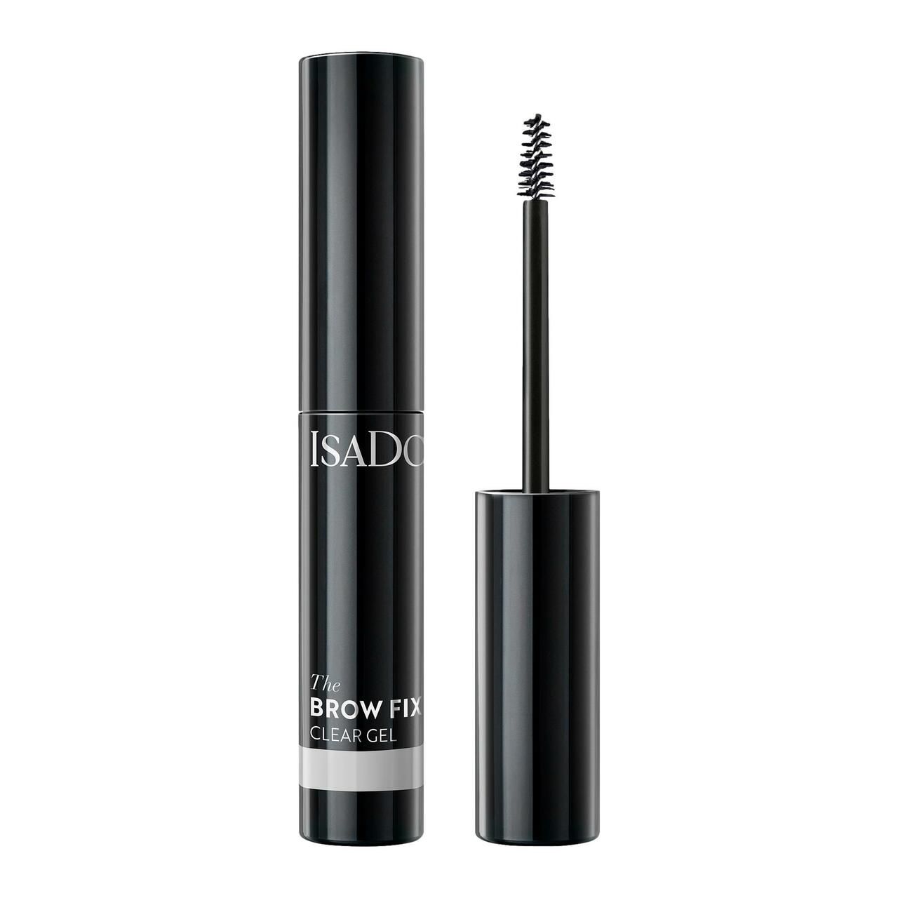 IsaDora Brow Fix Clear Gel. Schwarze Tube mit Bürste. Produktname und Marke aufgedruckt.