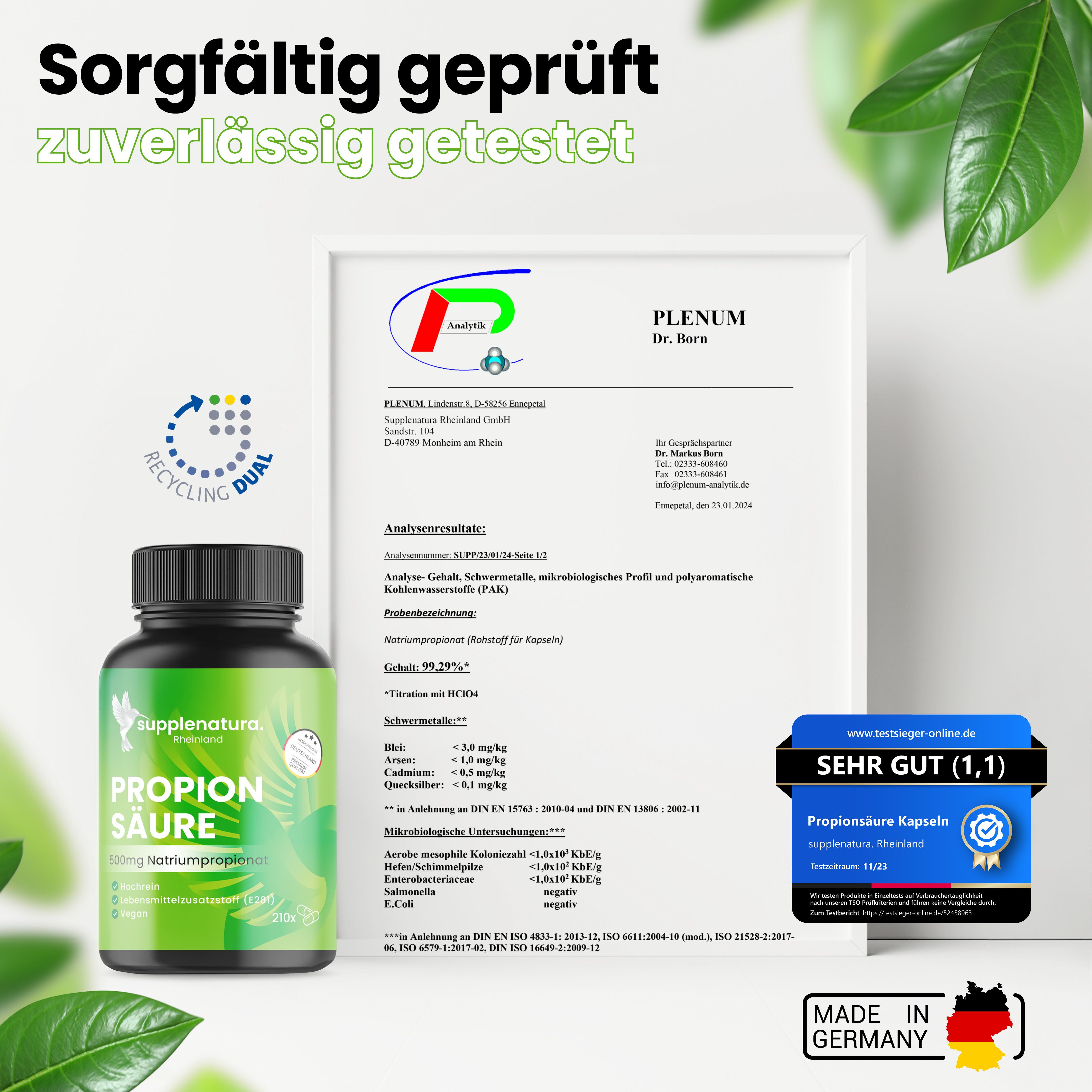 supplenatura Rheinland® Propionsäure Kapseln | Premium: 500mg hochreines Natriumpropionat