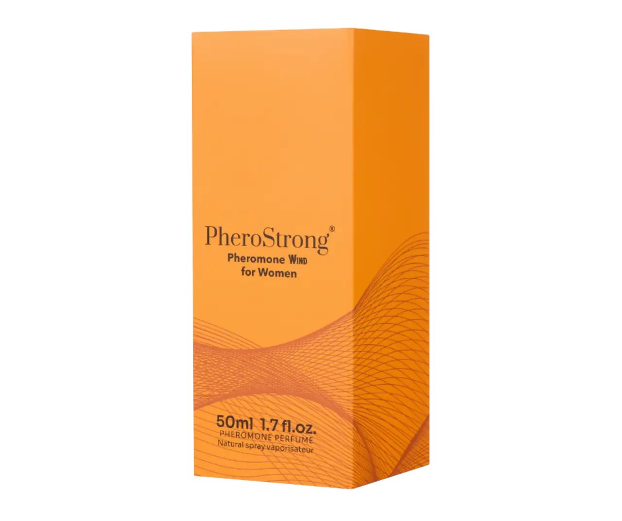 Orangefarbene Verpackung mit Produktnamen und Wellenmuster. Text: PheroStrong Pheromone Wind for Women, 50ml 1.7 fl.oz.