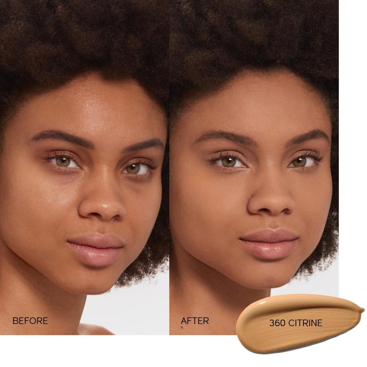 Vorher-Nachher-Vergleich. Gesicht einer Frau vor und nach dem Auftragen von Shiseido Synchro Skin Foundation. Farbton 360 Citrine.