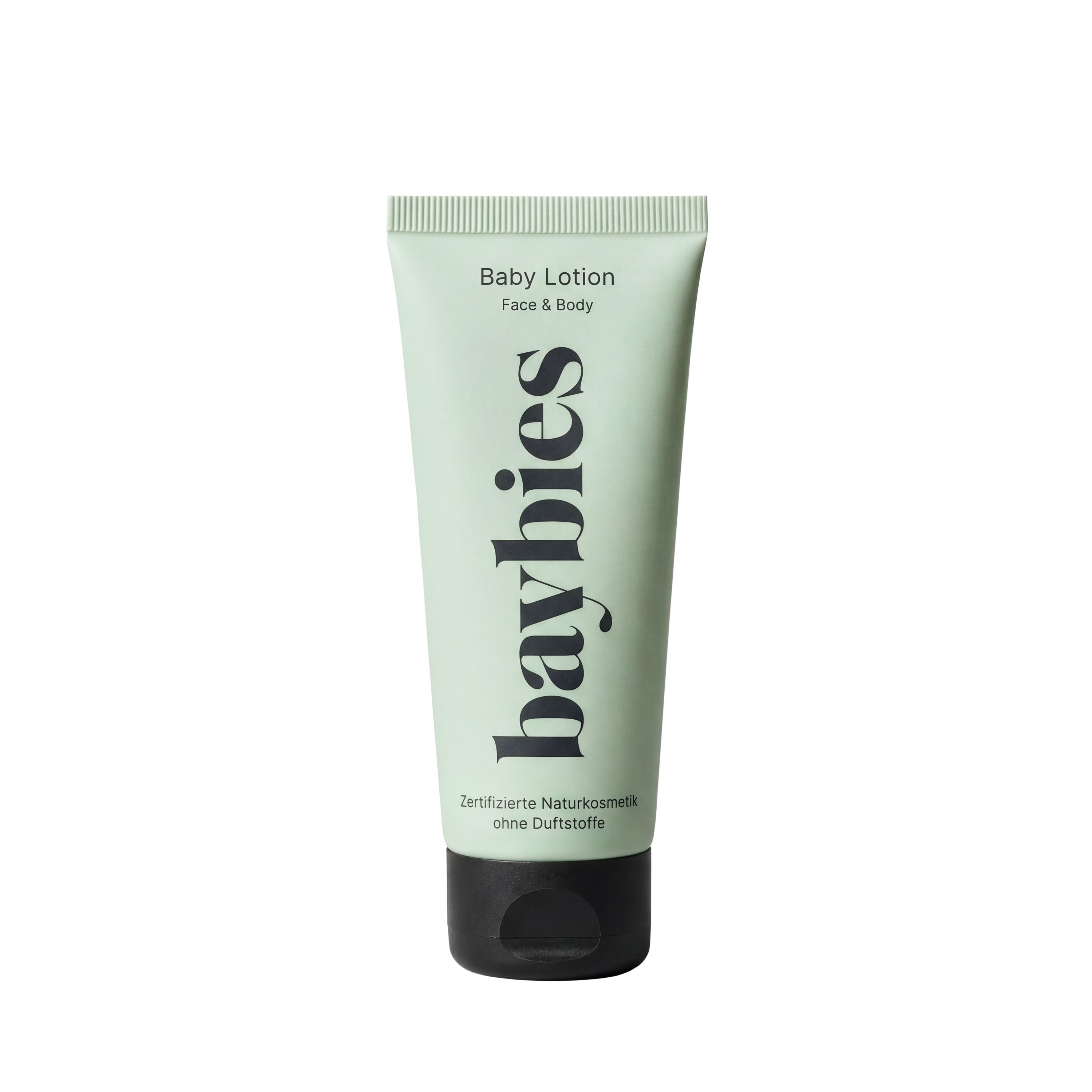 Hellgrüne Tube mit dem Logo 'baybies' und der Aufschrift 'Baby Lotion Face & Body'. Zertifizierte Naturkosmetik.