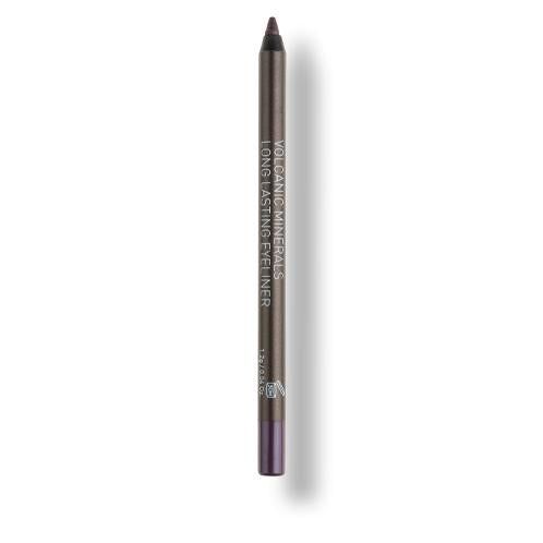 KORRES Volcanic Minerals Eyeliner. Dunkelbrauner Stift mit lila Spitze. Text: Volcanic Minerals, Long Lasting Eyeliner.
