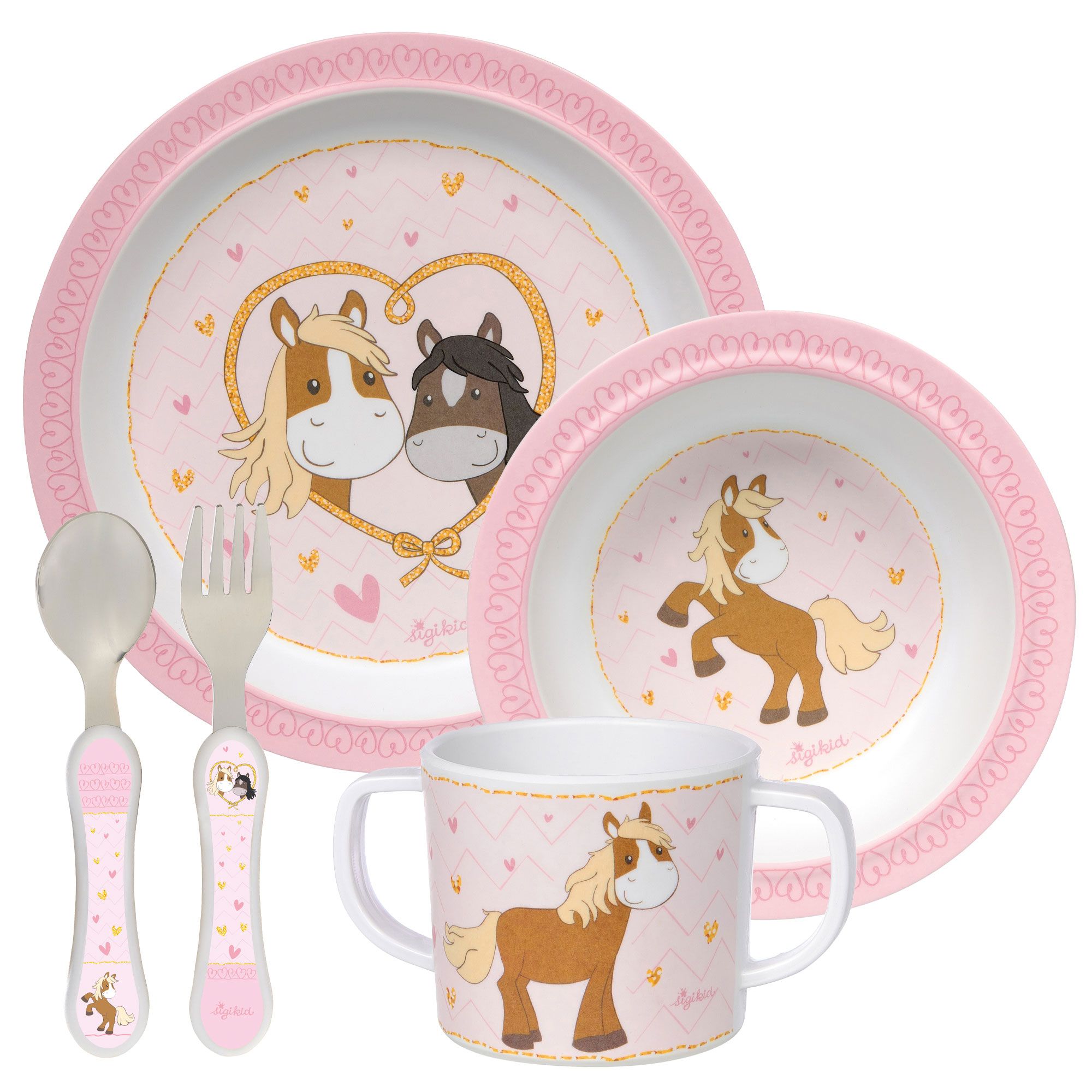 SIGIKID Melamin Geschirr Set "Pony Love". Teller, Schüssel, Becher, Löffel, Gabel. Rosa, Pony-Muster. Für Kinder.