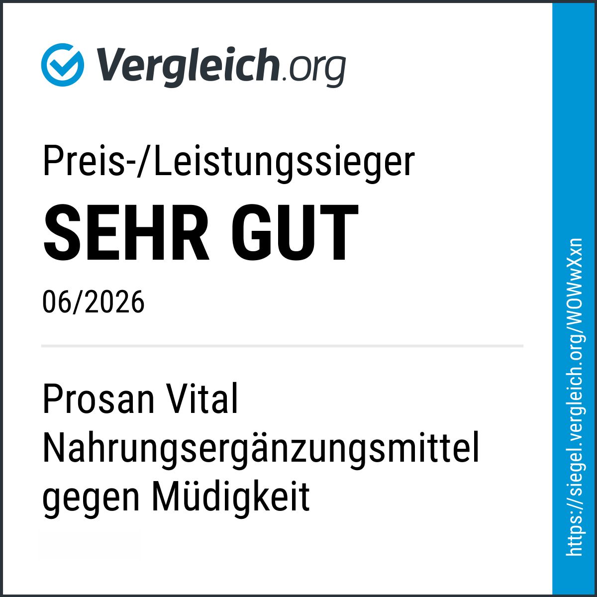 Vergleich.org: proSan Vital, SEHR GUT, Preis-Leistungs-Sieger, Nahrungsergänzungsmittel gegen Müdigkeit.