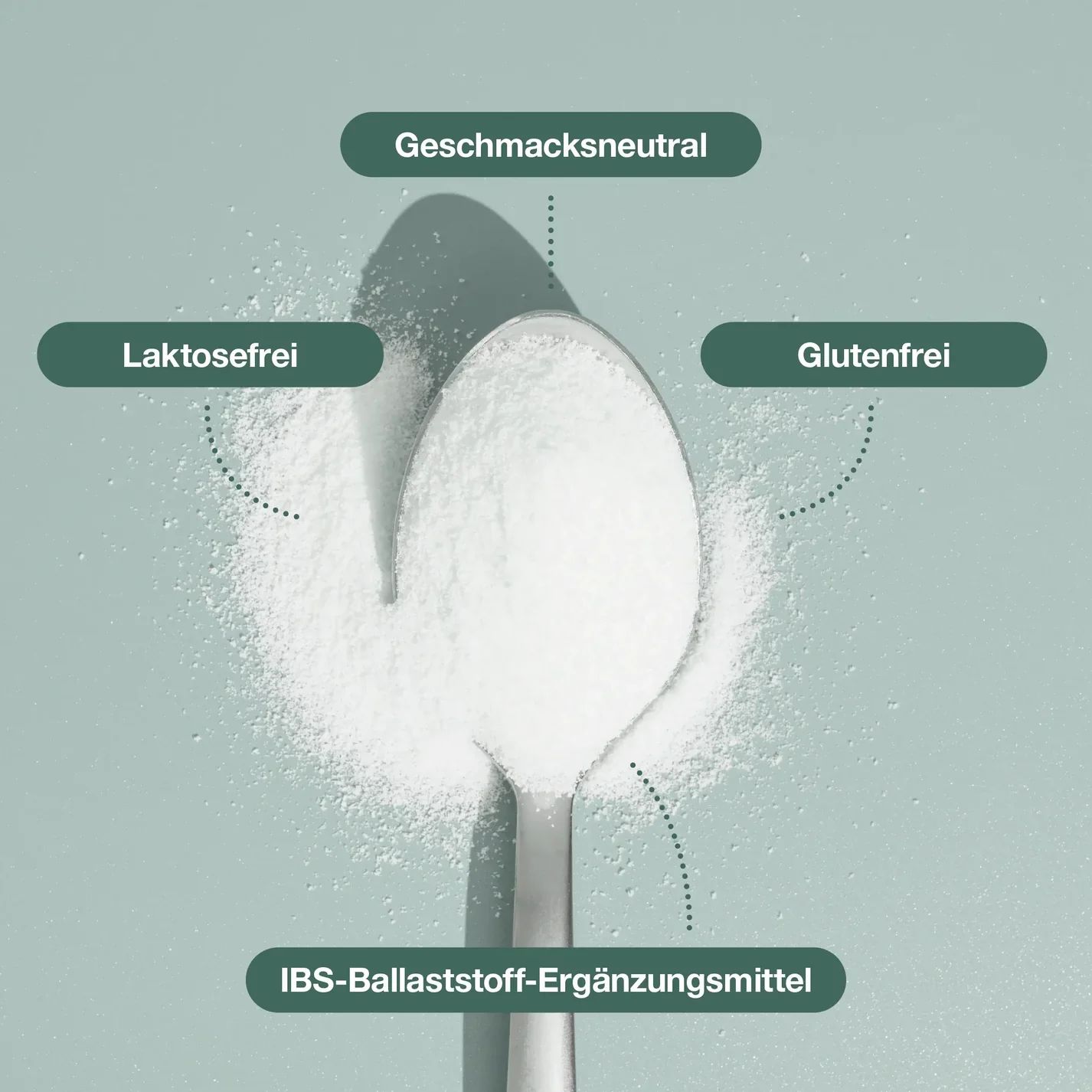 Löffel mit Pulver. Text: Laktosefrei, Glutenfrei, Geschmacksneutral, IBS-Ballaststoff-Ergänzungsmittel. Dose mit grünem Etikett. Aufschrift: PREMIUM FIBRE.