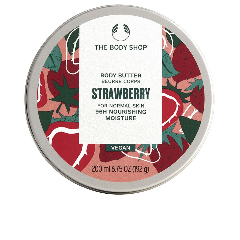 Runder Tiegel mit Erdbeer-Design. Text: Body Butter Strawberry, für normale Haut, 96H Feuchtigkeit. Vegan.