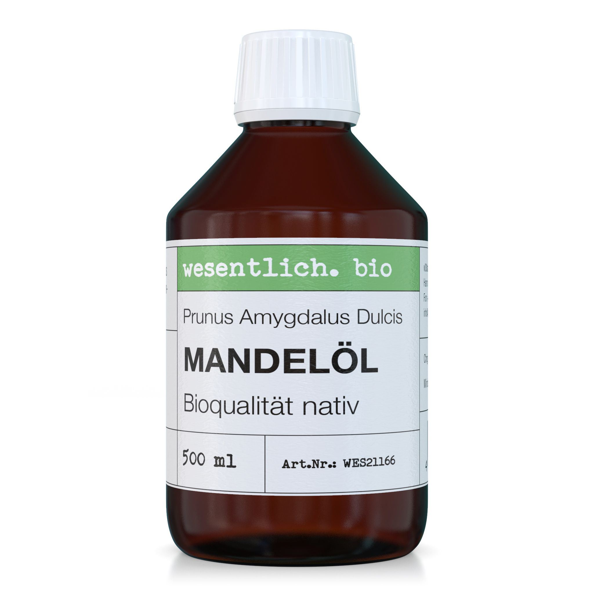 Braune Glasflasche mit weißem Deckel. Etikett mit Produktnamen MANDELÖL, Bioqualität nativ, und Marke wesentlich.bio. 500 ml.