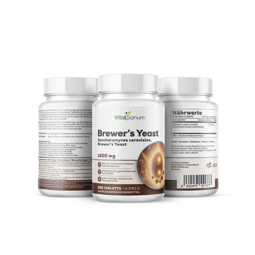 Drei Tabletten-Gläser mit "VitaSanum Brewer's Yeast" Aufschrift. 200 Tabletten, 1200 mg. Etiketten mit Text.