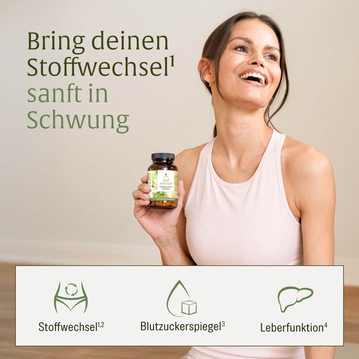 Frau hält NATURTREU Stoffwechsel Kapseln, Icons für Stoffwechsel, Blutzucker, Leberfunktion.