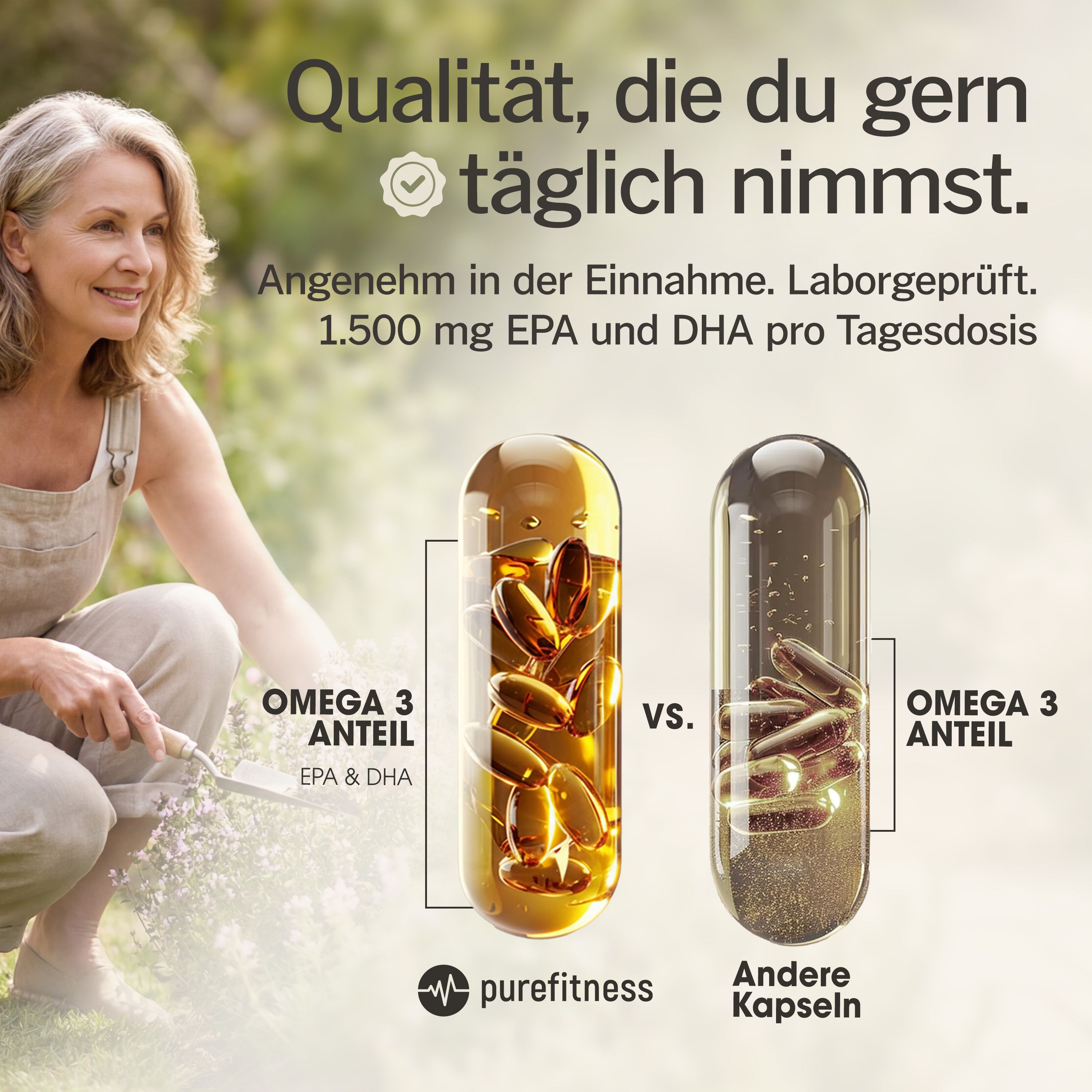 Vergleich von Omega-3 Kapseln. Links: Kapseln mit Omega-3 Anteil. Rechts: Kapseln mit anderem Inhalt. purefitness Logo. EPA & DHA.