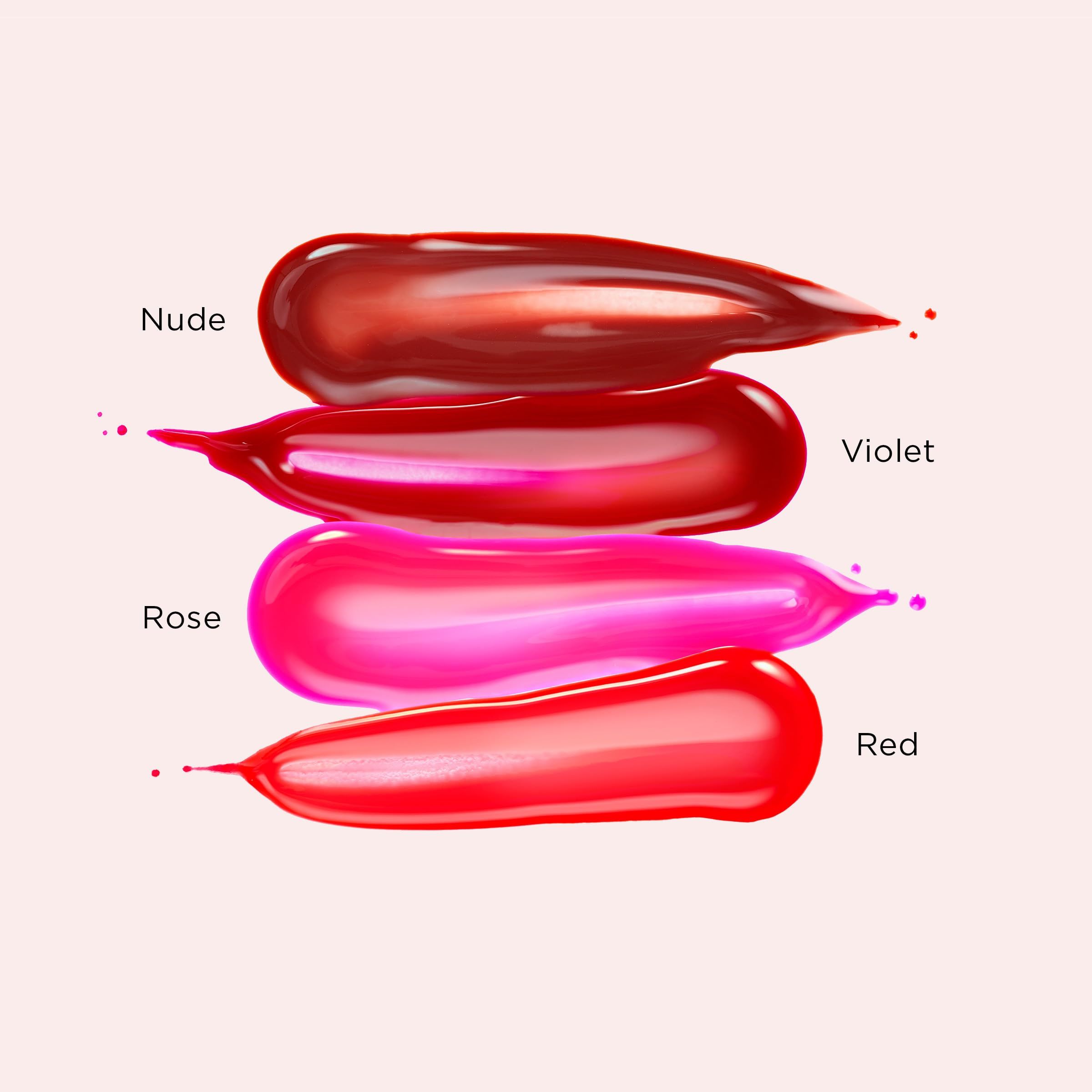 Vier Farbtöne Lippenfarbe: Nude, Violett, Rose und Rot. Jeder Farbton als Tropfen dargestellt.