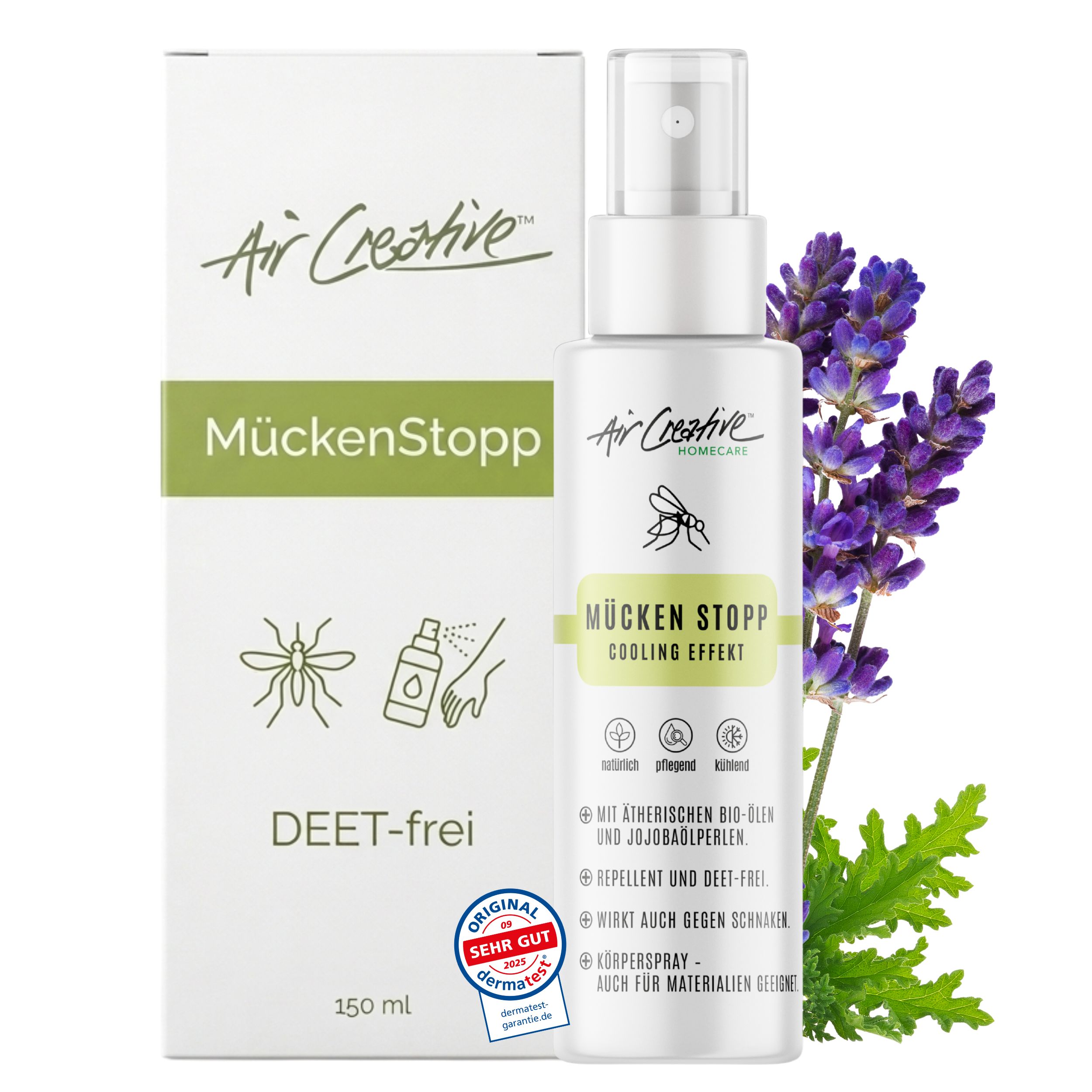 Weißes Körperspray und Schachtel. Aufschrift: MückenStopp, DEET-frei. Mit Lavendelzweig. 150 ml.