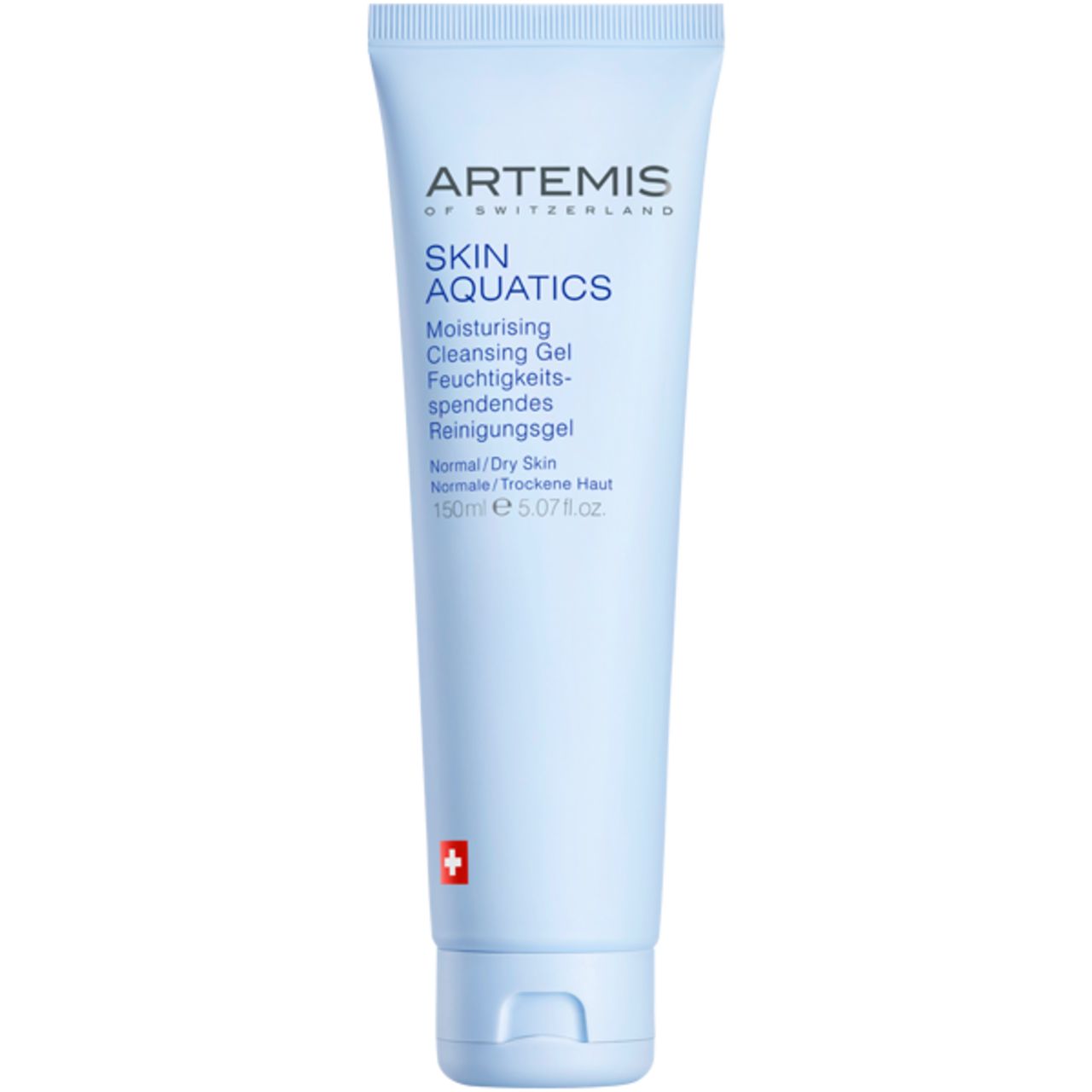 Hellblaue Tube mit Produktnamen und Schweizer Kreuz. Text: Skin Aquatics, Moisturising Cleansing Gel, 150ml.