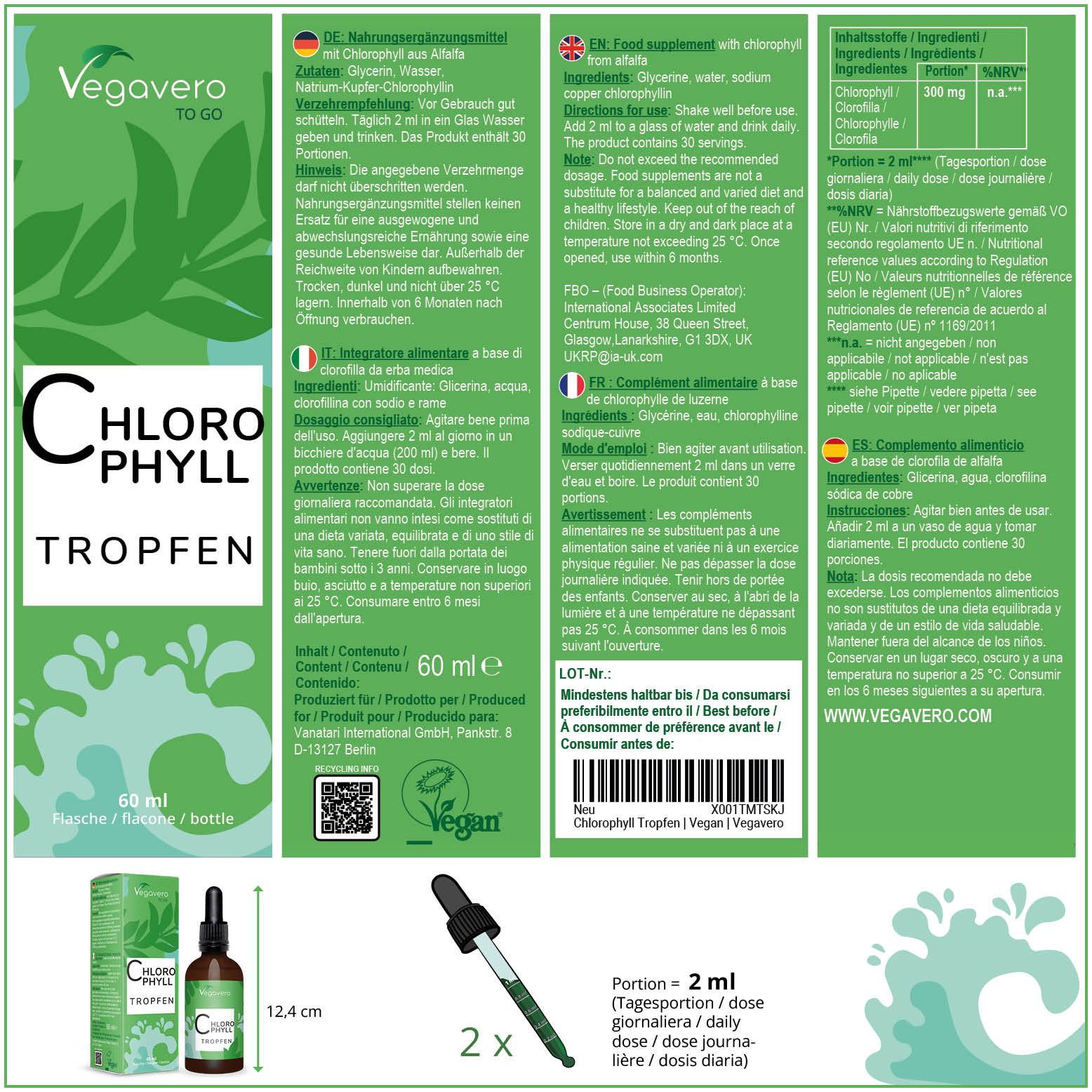 Produktverpackung mit Informationen in mehreren Sprachen. Enthält eine Flasche und eine Schachtel mit Chlorophyll Tropfen. Maße: 12,4 cm.
