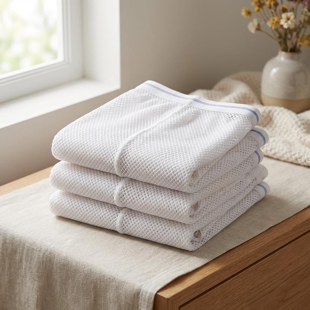 Stapel von weißen Netzhosen, kurz geschnitten, mit blauem Bund. Auf Tischdecke.