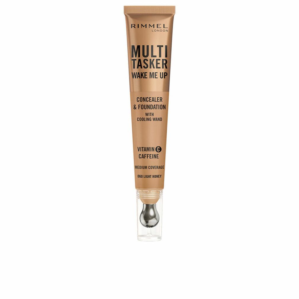 Tube "Rimmel London Multi Tasker Wake Me Up Concealer & Foundation". Kühlender Applikator. Text: Vitamin C, Koffein.