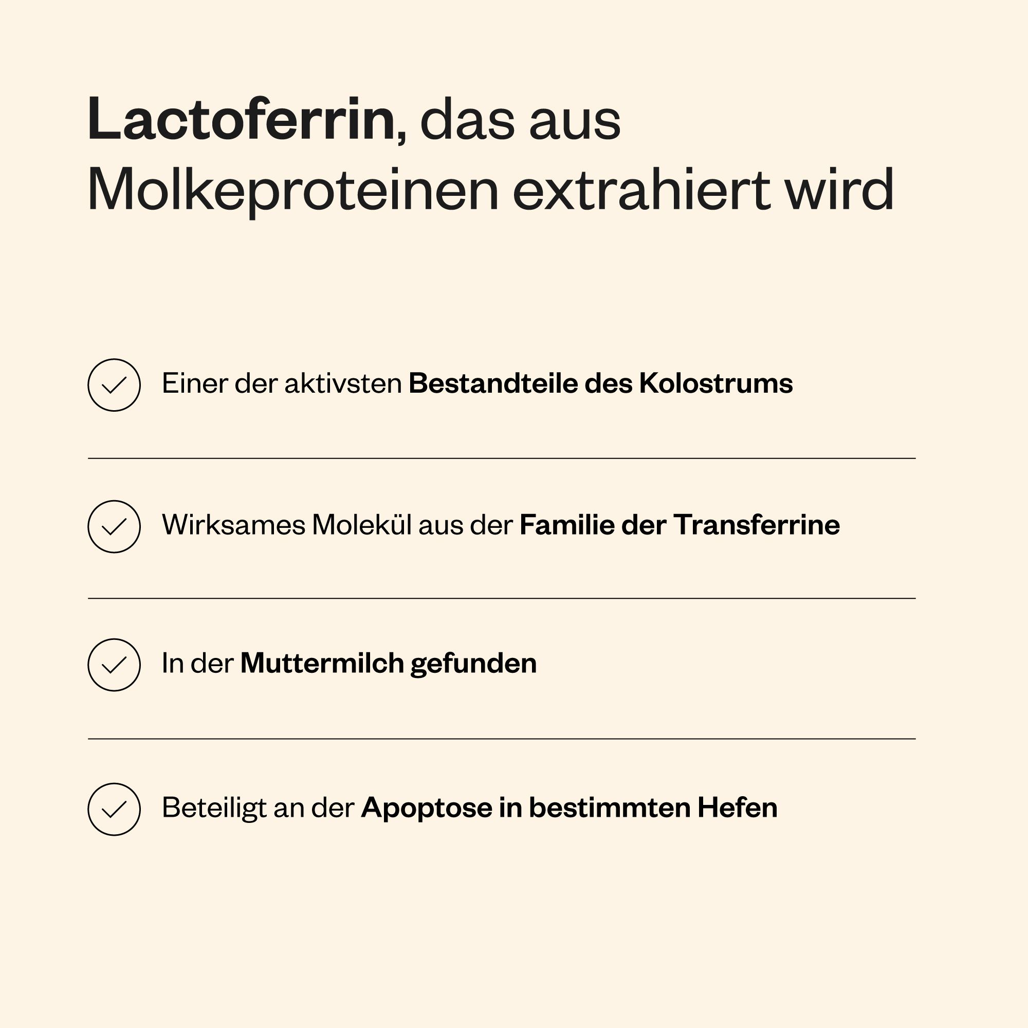Infografik Lactoferrin. Text: Einer der aktivsten Bestandteile des Kolostrums, wirksames Molekül, in Muttermilch gefunden.