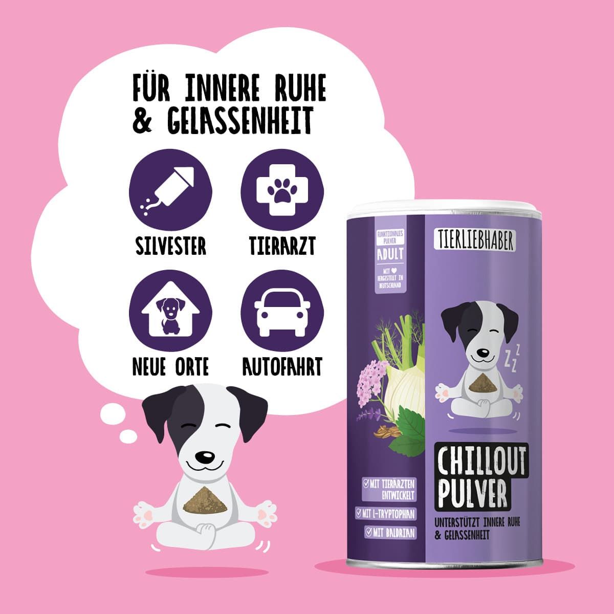 Tierliebhaber Chillout Pulver Dose mit Icons für Silvester, Tierarzt, neue Orte, Autofahrt.